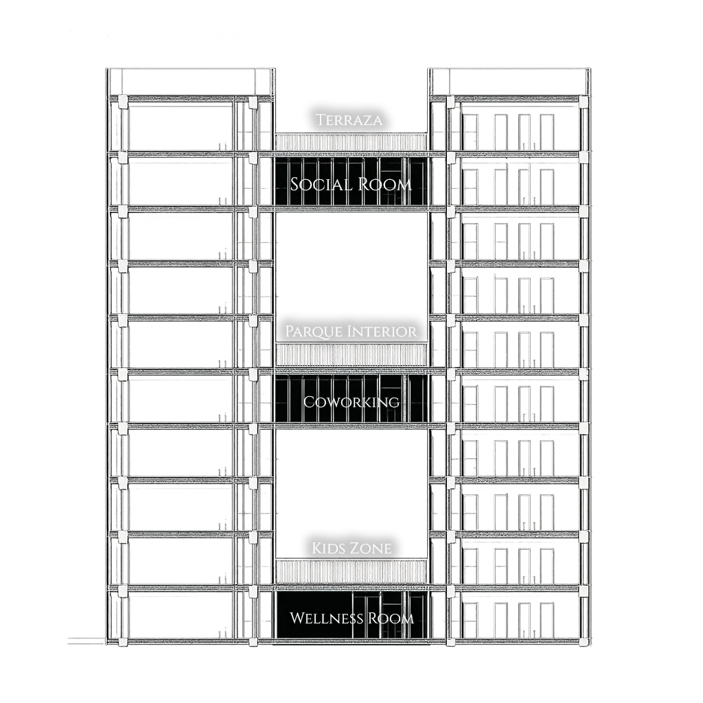 Amenidades departamentos en venta Guadalajara Condesa — sección transversal del edificio